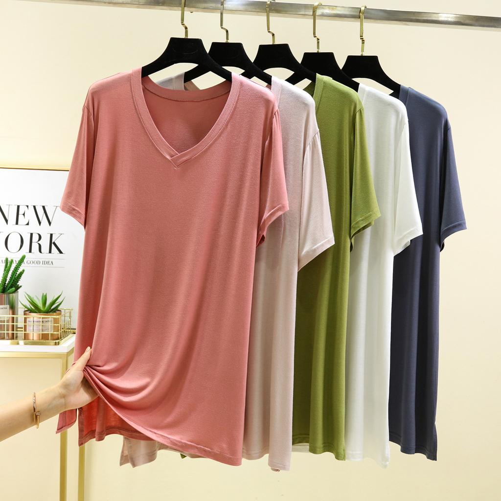 Damen V-Ausschnitt Kurzarm T-Shirt Lockerer Schnitt Lässiges Modal Strickoberteil Einfarbig Sommer Mittellanges Layering-Shirt