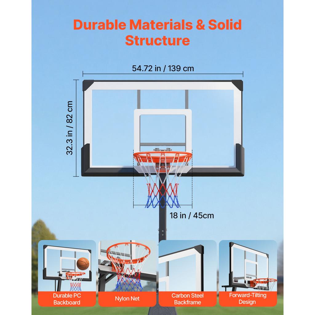 SucceBuy Portable Basketball Stand 7.55 to 10 ft Height Adjustment with 54 inch PC Backboard for Kids Adults in Schools Parks