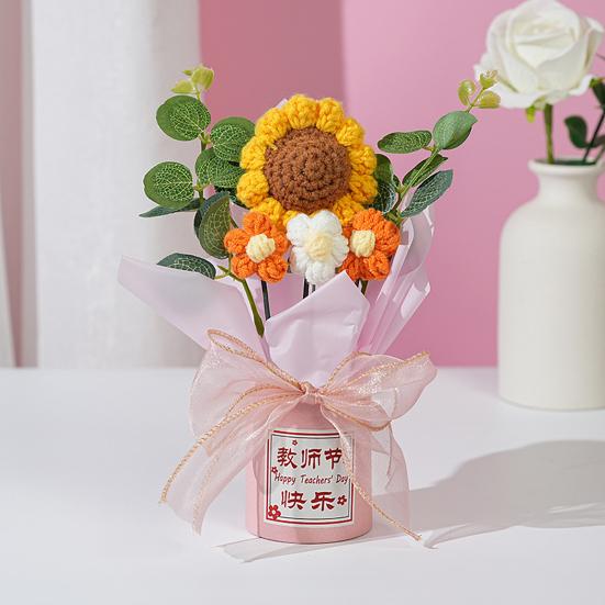 Teachers' Day Crochet Sunflower Bouquet with Eucalyptus Leaf Handmade Knitting Yarn Floral Decoration Home