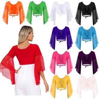 Topuri Dans Burta cu Șireturi pentru Femei Mânecă Trei Sferturi Tifon Evazată Crop Top Îmbrăcăminte de Dans Costum Spectacol Scenă