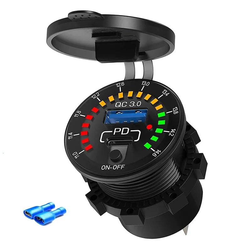 

Автомобильное зарядное устройство USB-C 48 Вт, розетка 12/24 В QC3.0 и розетка PD, быстрая зарядка с вольтметром, переключатель питания ВКЛ/ВЫКЛ для автомобиля, лодки, мотоцикла