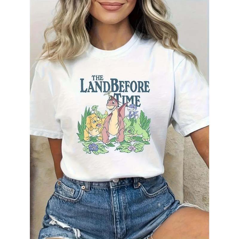 

European Size Women S Casual Short Sleeve T-Shirt | The Land Before Time Graphic Print, White Crew Neck with Colorful Dinosaur & Floral Design S белый