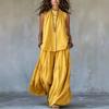 Completo Casual Estivo da Donna a Due Pezzi: Camicetta Senza Maniche con Bottoni e Pantaloni a Gamba Larga