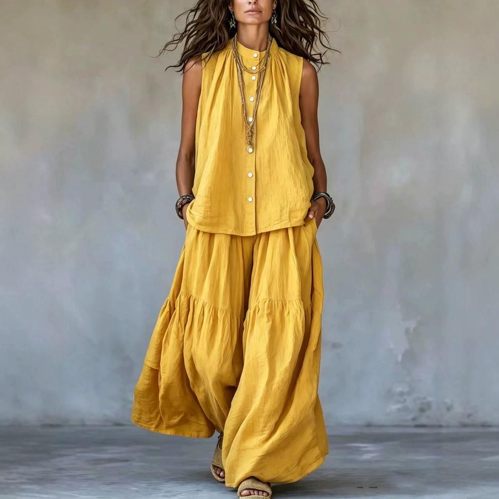 Completo Casual Estivo da Donna a Due Pezzi: Camicetta Senza Maniche con Bottoni e Pantaloni a Gamba Larga