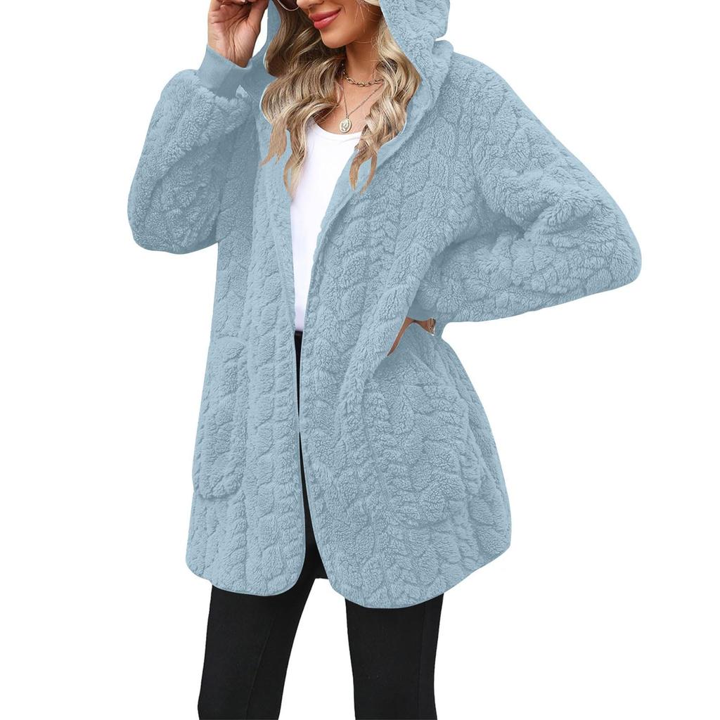 Women's Fashionable Coat Solid Color Long Sleeved Pocket Loose Hooded Plush  Jacket