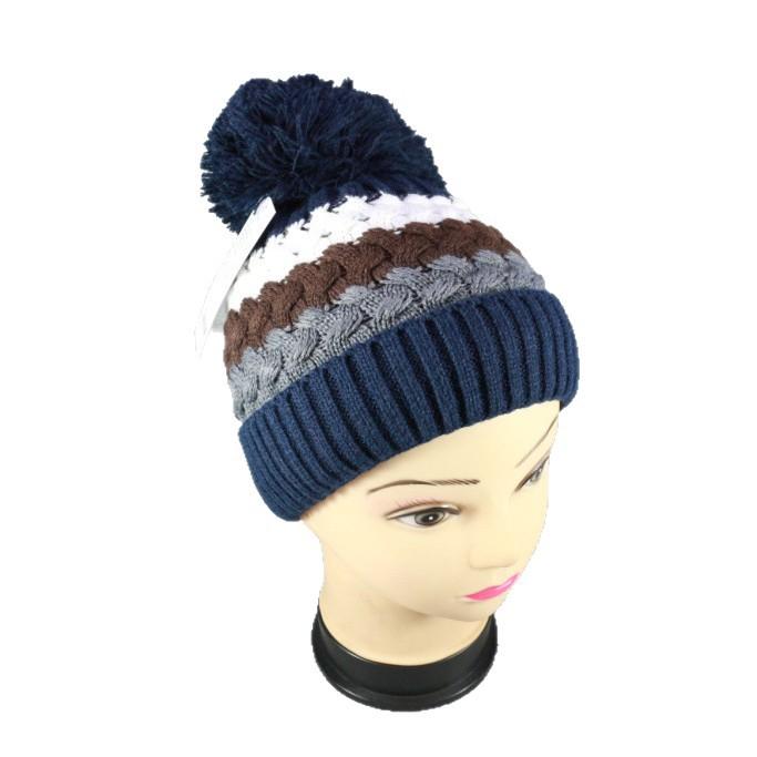 Europäische und amerikanische Winter-Übergröße Wollmütze mit Bommel, Zopfmuster-Streifen-Strickmütze, warme Outdoor-Kopfbedeckung