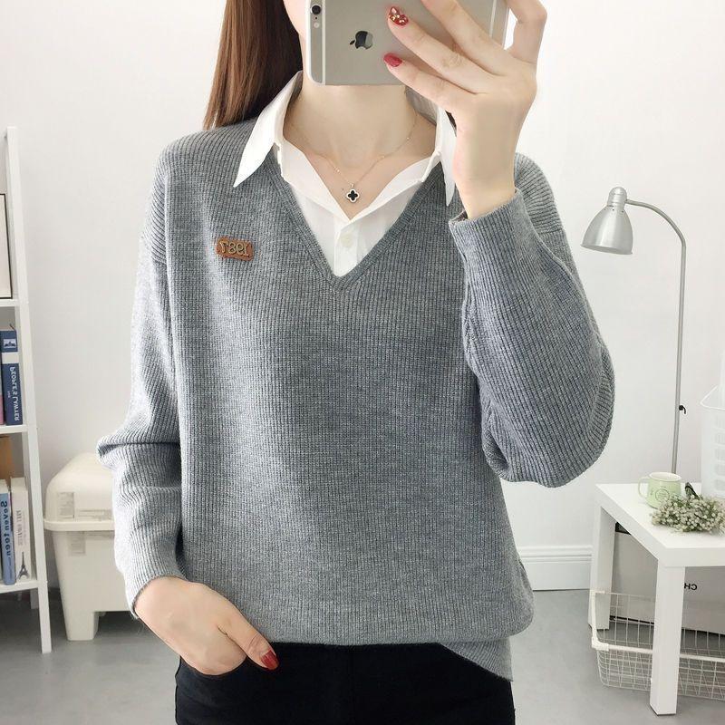 Women's Fashion 2025 Spring & Autumn Fake Two-Piece Sweater with Shirt Collar