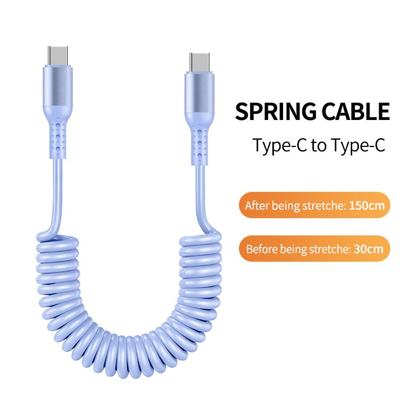 1.5M Coiled USB-C Type C 5A Fast Charging Data Cable 90 Right Angle Retractable Pure Copper Mobile Phone Cord for
