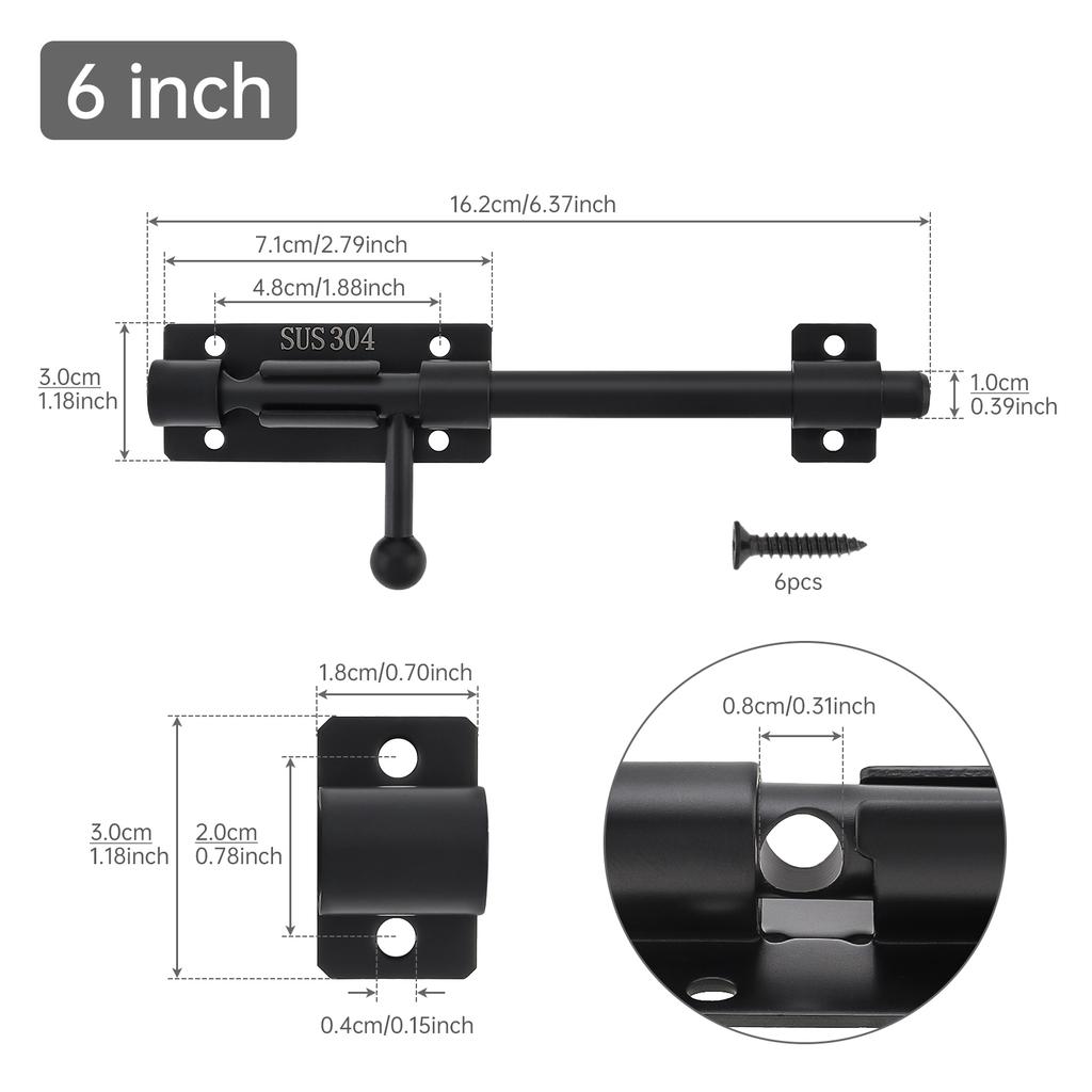 304 Stainless Steel 6-12 Inch Barrel Bolt Latch 10mm Thick Padlock Hole Black Heavy Duty Includes 6 Screws Universal Door Window Cabinet
