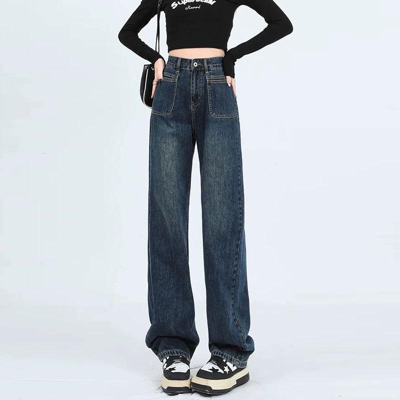Women's Blue-Gray High Waist Wide-Leg Jeans - Casual Spring/Autumn Loose Fit