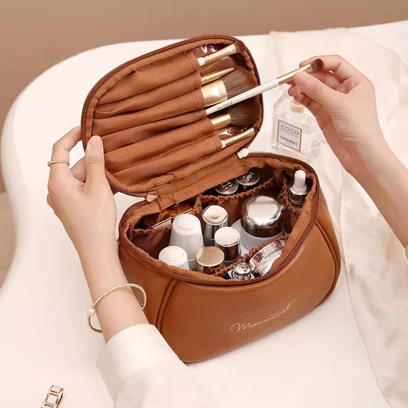 Women's 2025 Portable Waterproof Cosmetic Bag with Brush and Lipstick Storage, Layered Travel Pouch