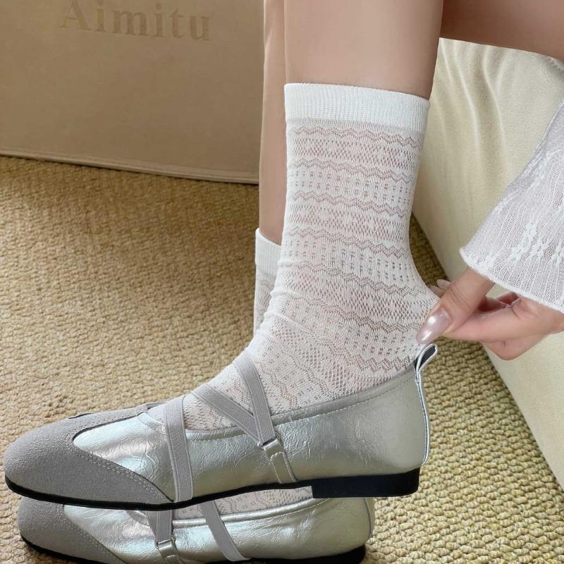 Spring and Summer White Stockings for Children, Long-legged with Geometric Lace Edging, Pure Cotton, Anti-Spangling, Bone-Free Women's Stockings