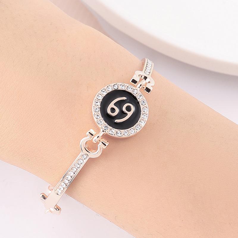12 Zodiac Signs Bracelet for Women, Rose Gold Plated Inlaid Diamond Constellation Bangle, Fashion Couple Jewelry Gift