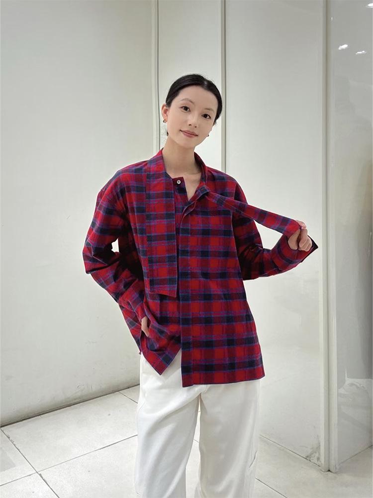 Women s 2026 Spring Oversized Plaid Pleated Shirt - Casual Top Outerwear Small