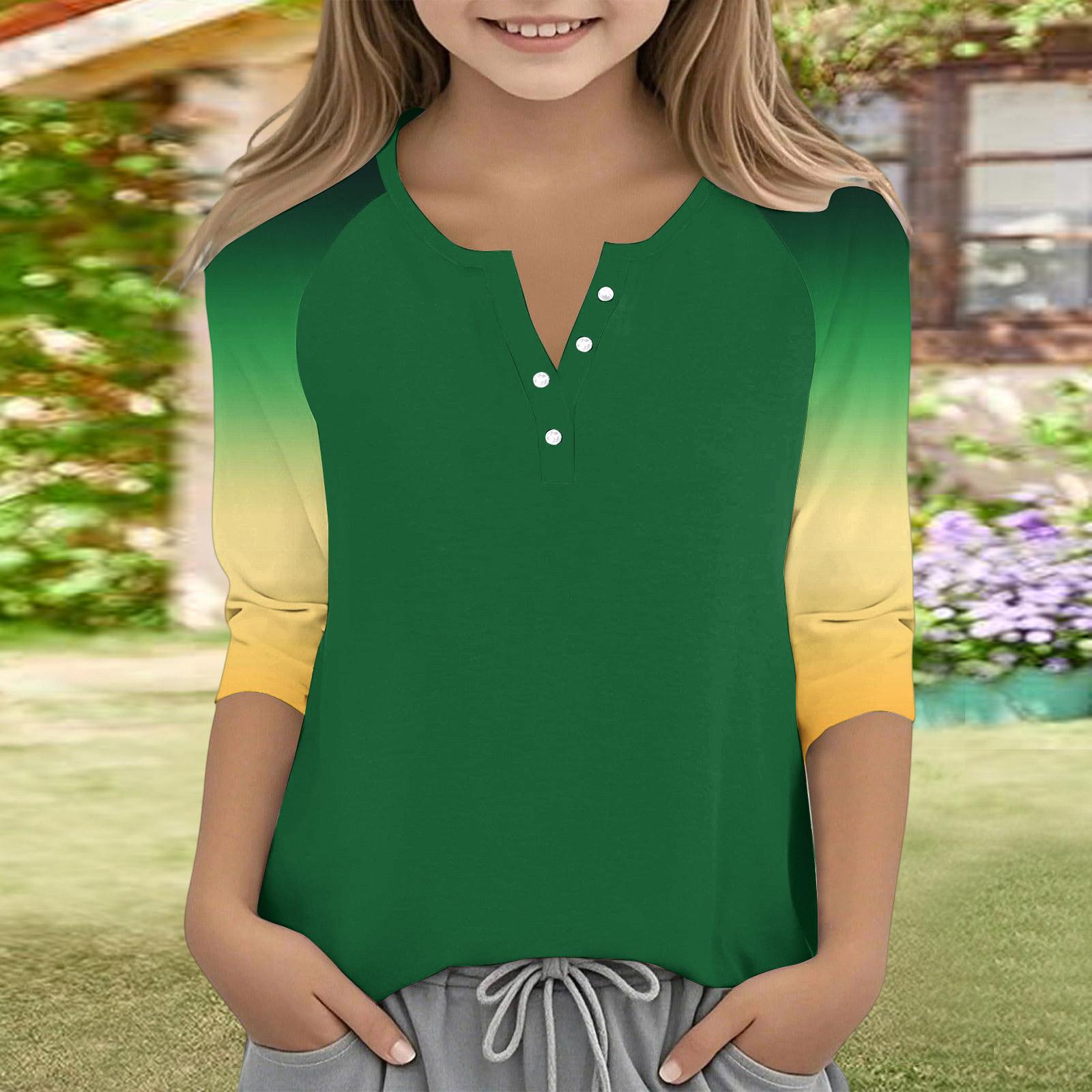 

Children Three Quarter Sleeve Color Block Button Casual Top Lightweight Soft Fabric Comfortable Fit Stylish Design for Everyday Wear 110 армия зеленый