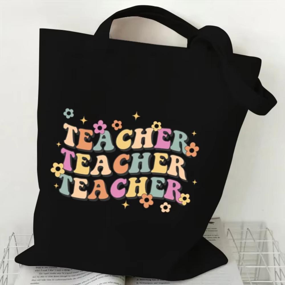 Teacher's Day Gift Teacher Print Canvas Tote Bag Women Handbag Colored Letters Teacher Canvas Tote Bag Floral Shoulder Bag