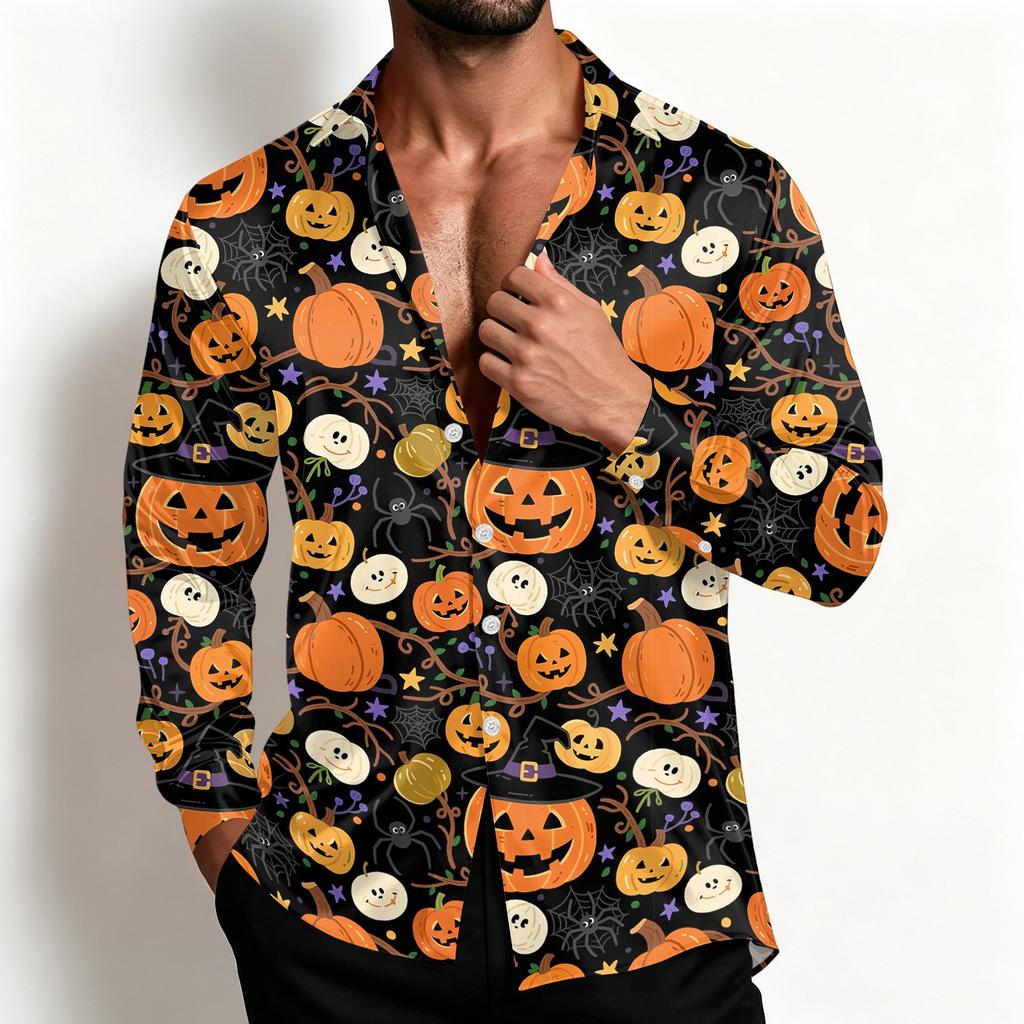 Men's Casual Loose Fit Breathable Shirt Jacket with Turn-Down Collar for Halloween Spring and Fall