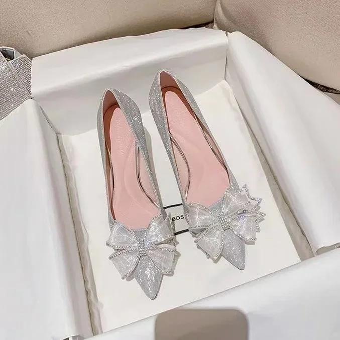 Moda Damskie Czółenka But Kopciuszek Cyrkonie Wysokie Obcasy Kobiety Szpiczasty Nosek Kokarda But Kryształowe Buty na Imprezę Ślubne Zapatillas Mujer