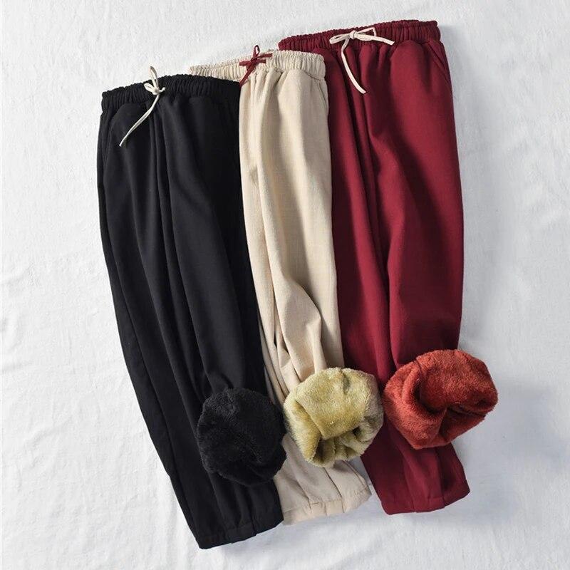 Johnature Women Vintage Cotton Linen Pants Elastic Waist Solid Color Trouser Thick Winter Warm Straight Pants