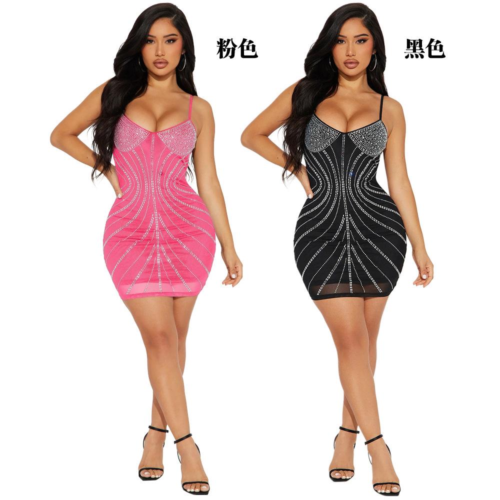 CY901111 European and American suspender sexy hip skirt, hot diamond party evening dress women, solid color dress