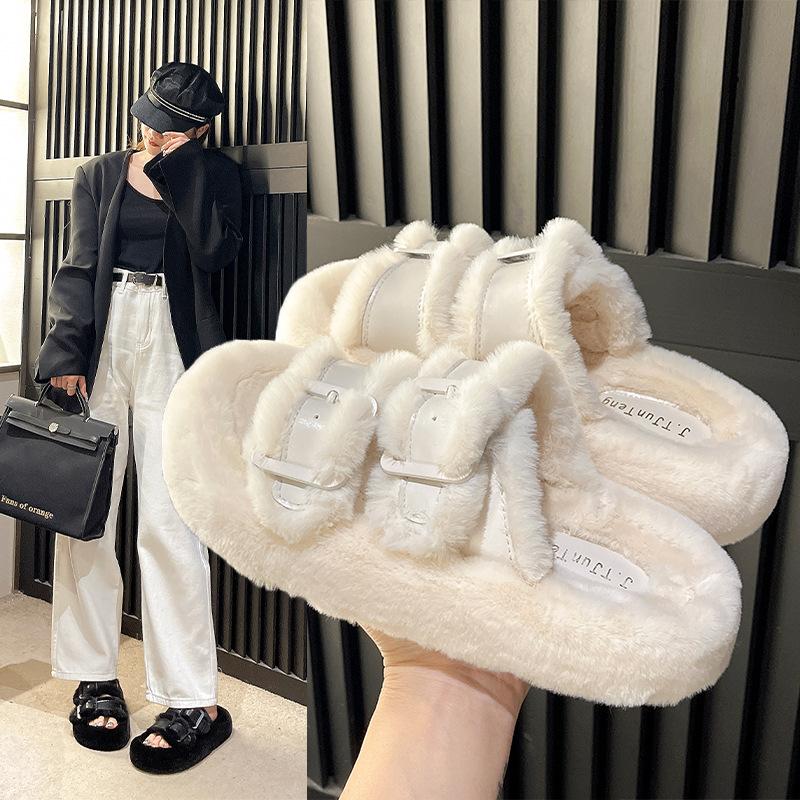 Thick-soled fluffy slippers women's 2025 new autumn and winter high-end outer wear fluffy home cotton drag women's shoes