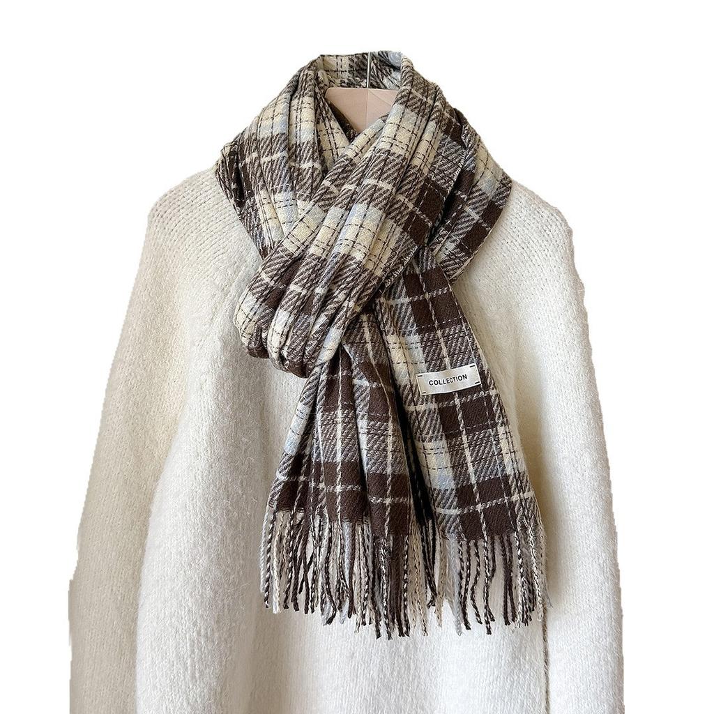 Retro green plaid scarf women's autumn and winter versatile personality advanced sense warm shawl scarf Korean new
