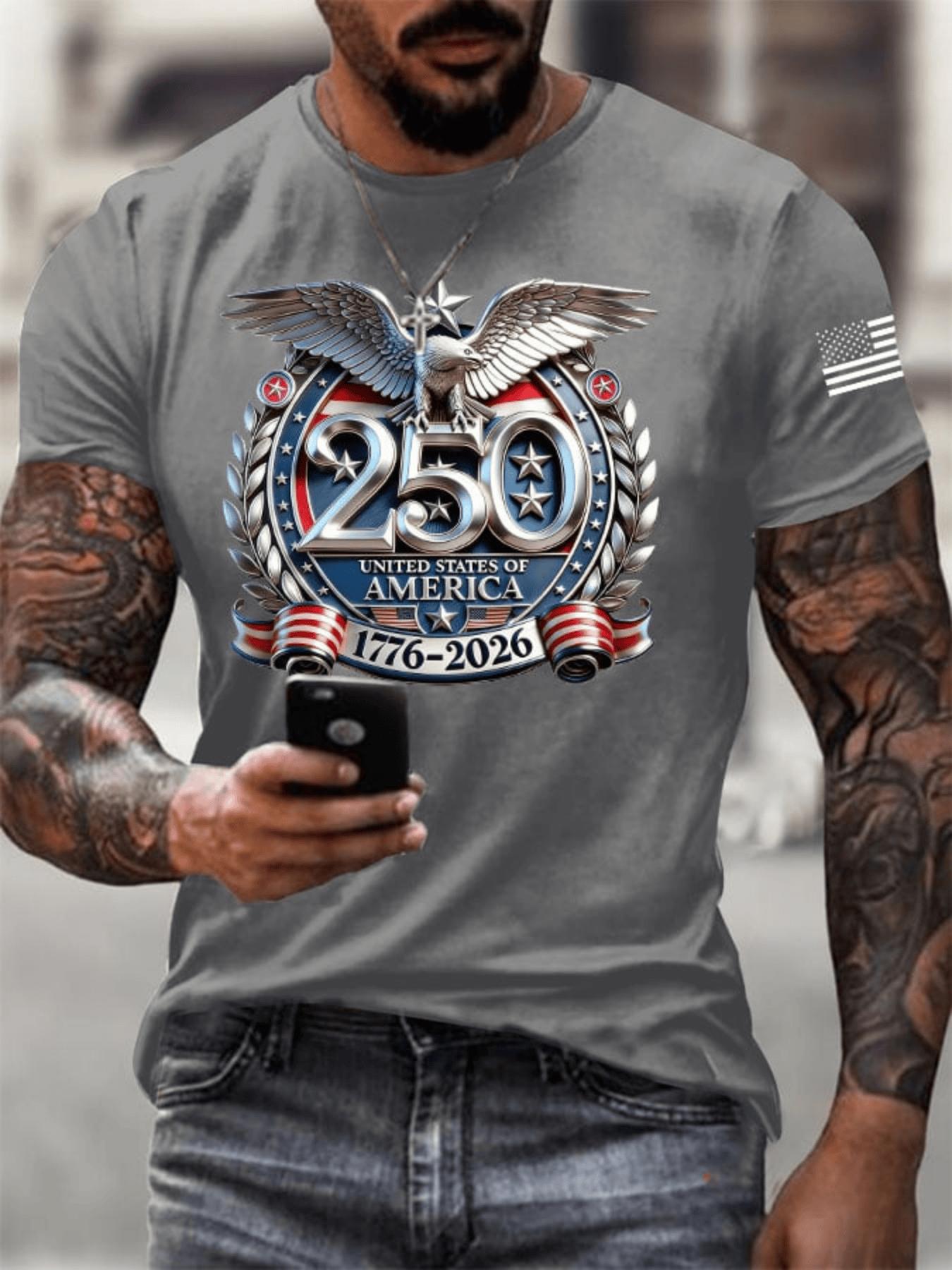 Men s USA 250th Anniversary Eagle Print T-Shirt - Commemorative Short Sleeve Round Neck Casual & Athletic Wear Casual Outfits S