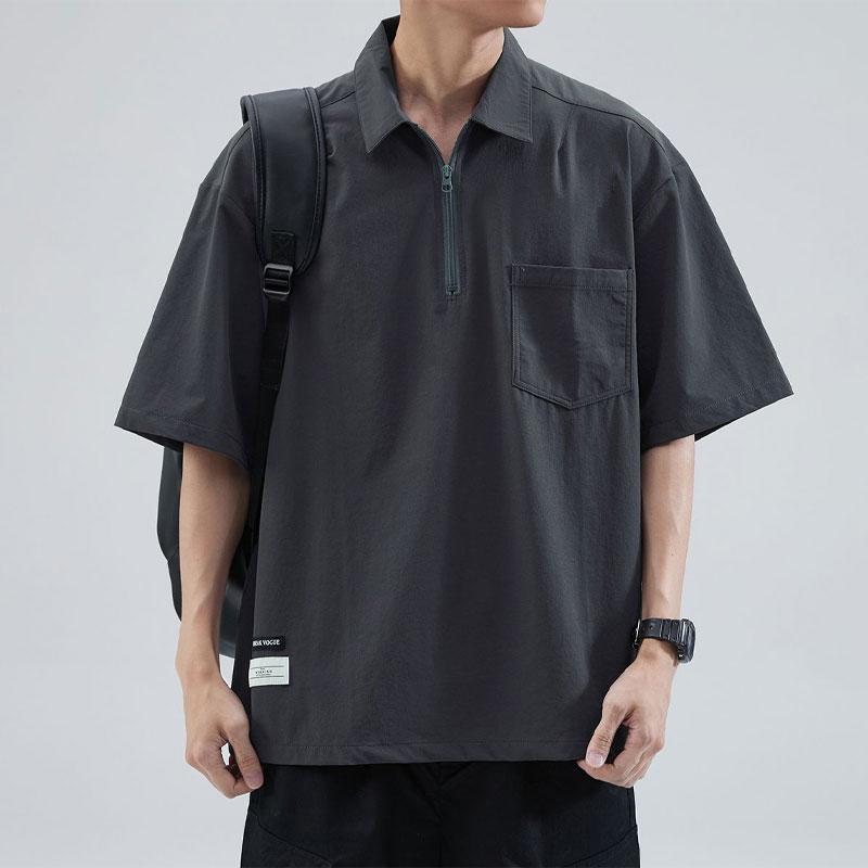 Casual Short Sleeve Polo Shirts Summer Fashion Zipper Men's Clothing Polo-Neck Basic Solid Color Loose Patch Designs T-shirts