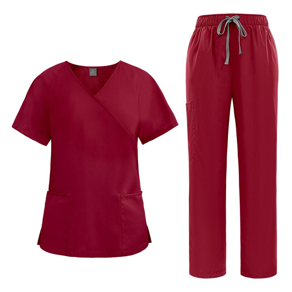 Women's Loose And Comfortable V-neck Short Sleeved Workwear With Tie Up Top And Waist Cinching Beauty Suit Set