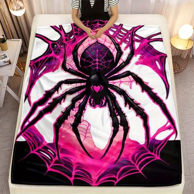 1pc Gothic Spider Web & Spider Print Flannel Blanket - Black & Pink Neon Design, Extra Large Couch Throw for Bed, Travel,