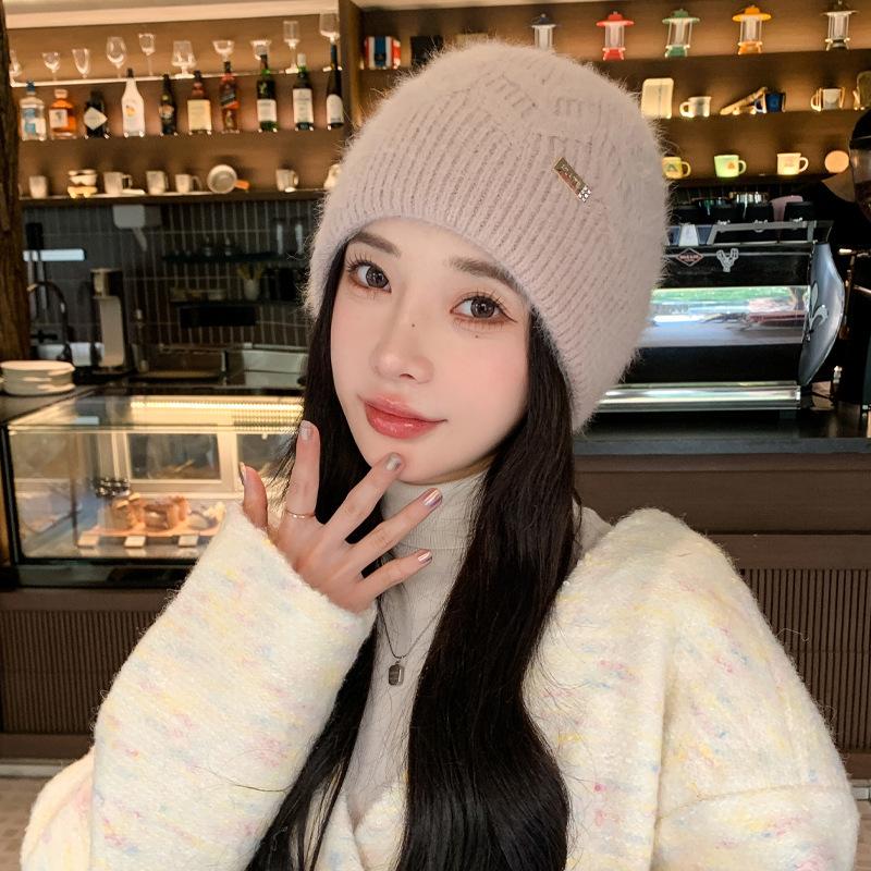 

Шапка женская однотонная универсальная вязаная шерстяная шапка из кроличьей шерсти зимняя теплая шапка-пуловер толстая