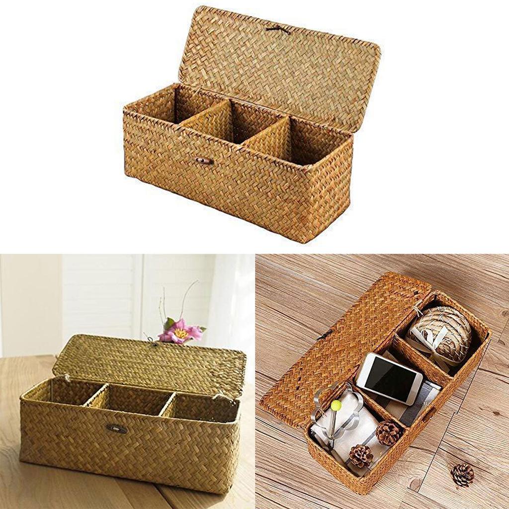 Stylish Woven Desk Storage Basket with Lid Cover Handwoven Small Item Storage Box Organiser Case for Bathroom Toilet
