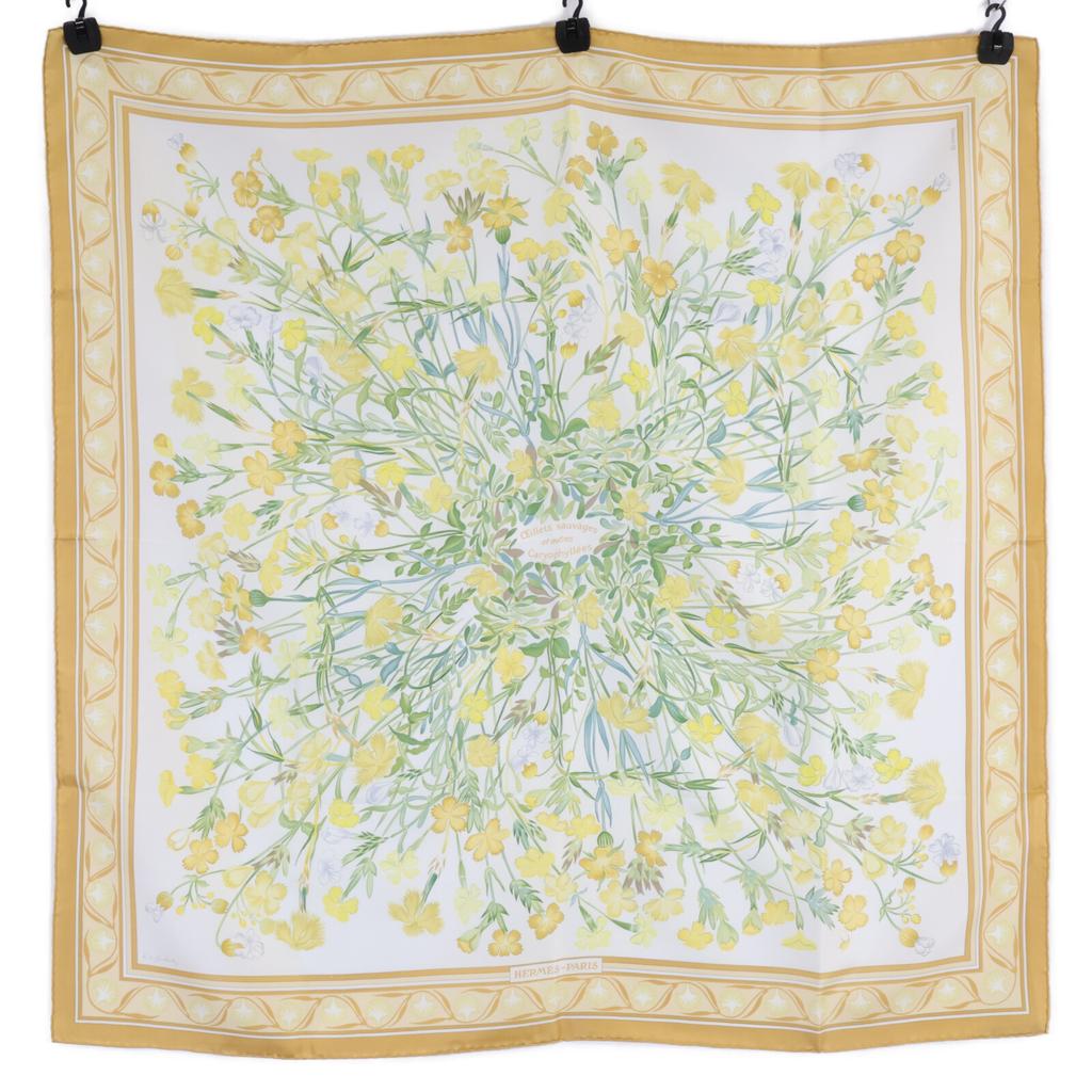 HERMES Wild carnations and dianthus silk Carre90 scarf YellowUsed