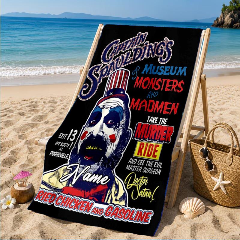 Custom Name Horror Clown Artwork Heart In Space Adventure Microfiber Beach Towel, Lightweight for Summer Travel, Swimming Pool Fan Gift