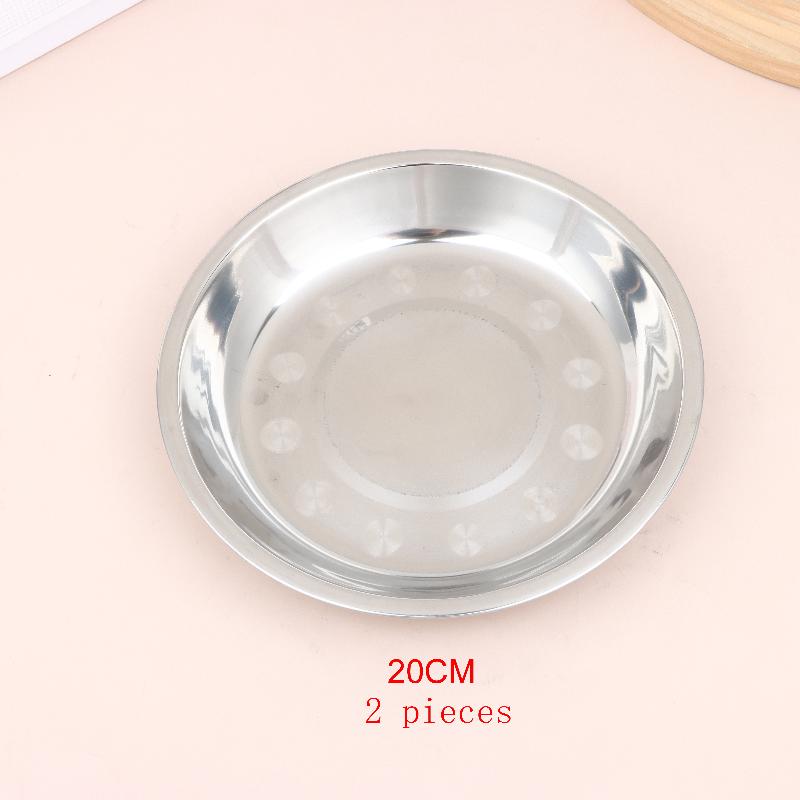 2Pcs Reusable Stainless Steel Dinner Plates Thickened Polished Round Shallow Dishes for Picnic Barbecue Use