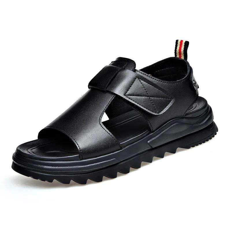 Cow Leather Men's Sandals 2025 Summer New Designer Soft Sole Casual Beach Shoes Male Black Platform Sandals Man
