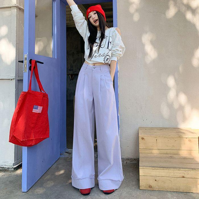 Autumn Winter Purple Vintage Drape Straight Relaxed Wide Leg Denim Pants For Women Casual Pants Oversize Denim Trousers