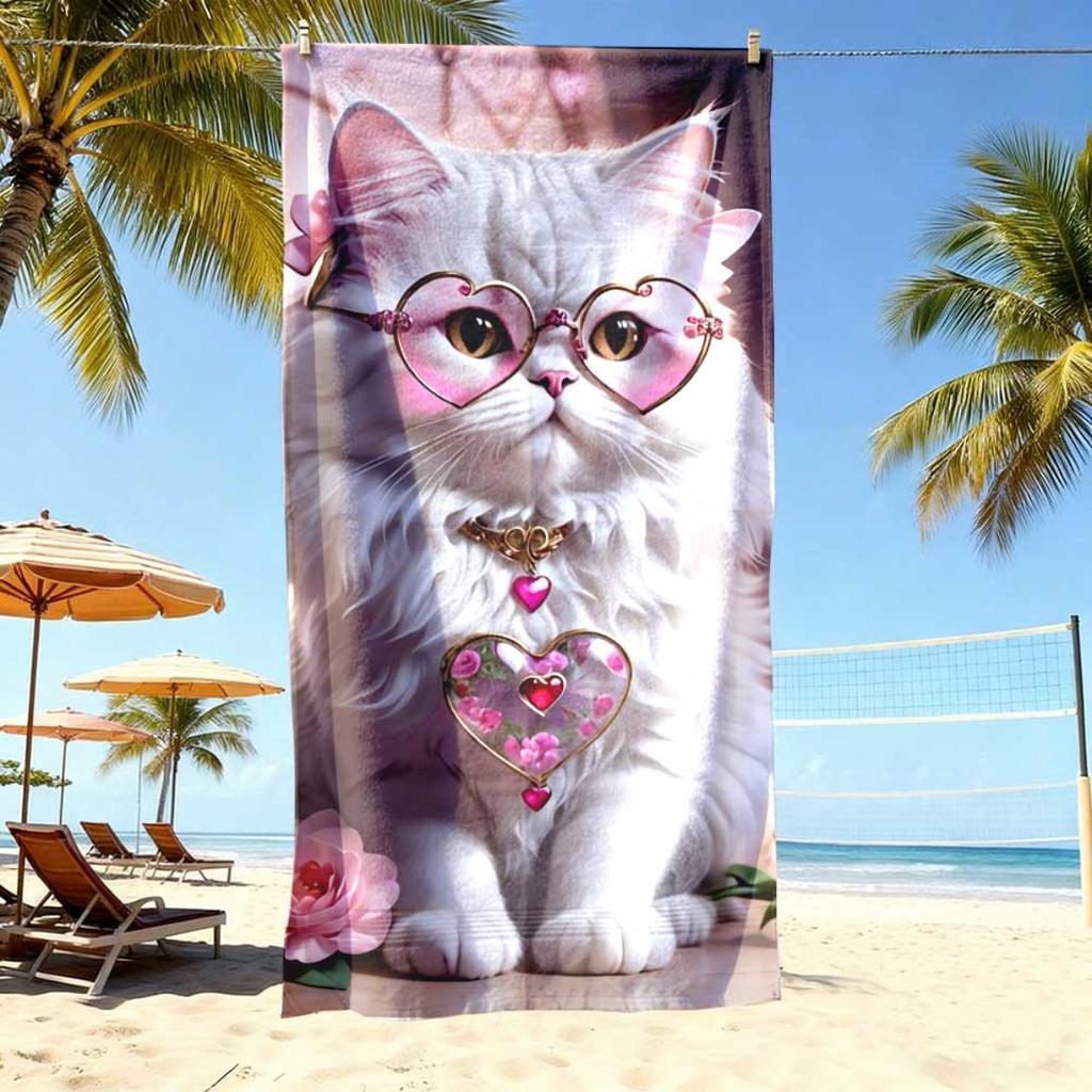Sandproof Beach Towel Waterproof Microfiber 1Pc 2D Flat Printed Aesthetic Cat Animal Holiday Sunbath Lounger Blanket Seaside