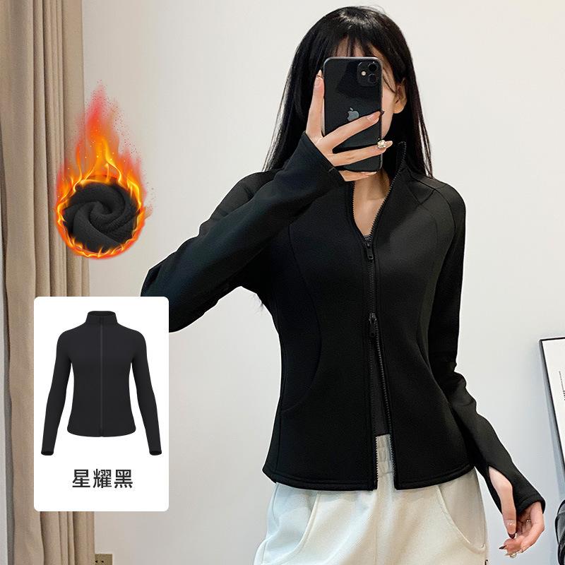 Yoga jacket Spring women s sports slim-fit integrated fleece fleece thickened double zipper versatile windproof warm top S