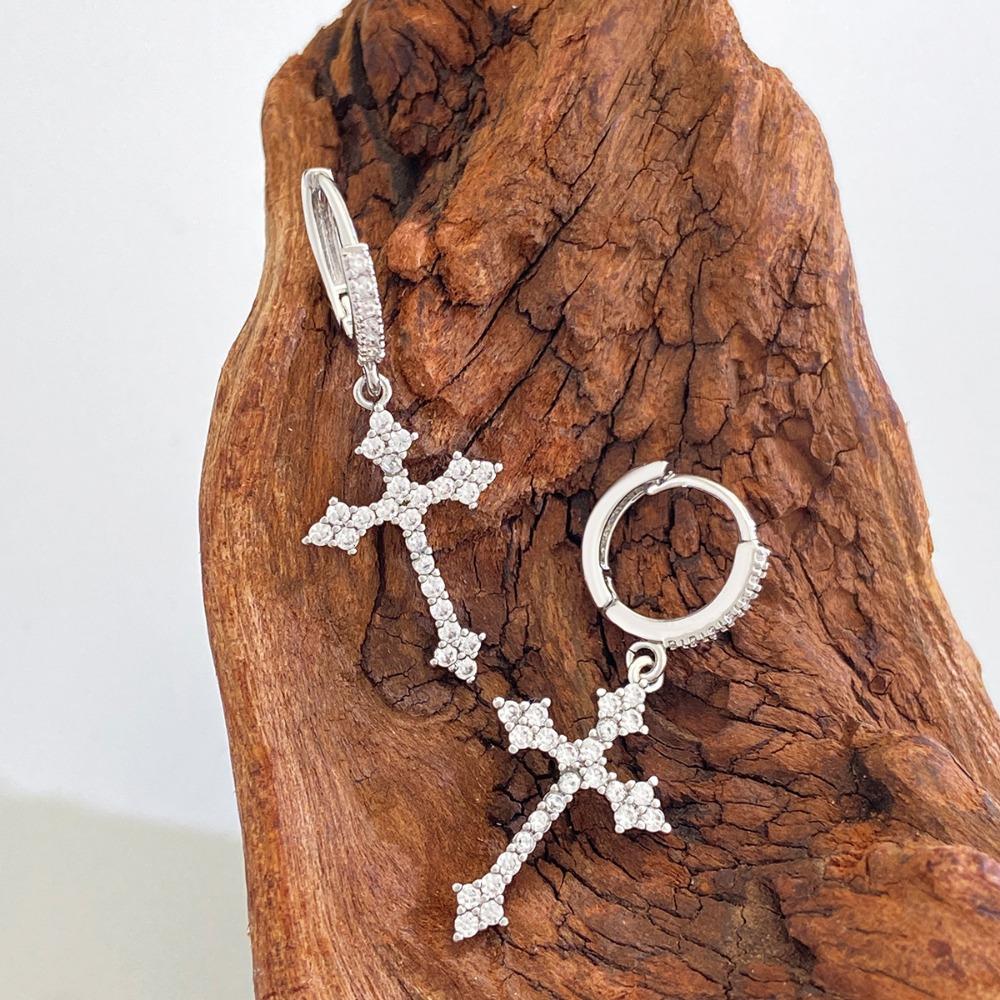 Sparkling Rhinestone Cross Pendant Hoop  Zirconium Stud Earrings Men and Women Punk Hip-hop  Jewelry Y2k