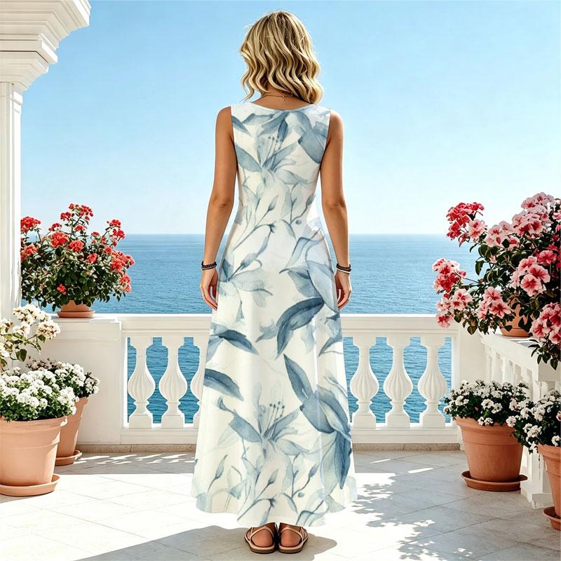 Women's U-Neck Sleeveless Maxi Dress,Lightweight Fresh Blue & White Summer Dress with Full Skirt,Elegant for Beach Vacation & Daily Casual Wear