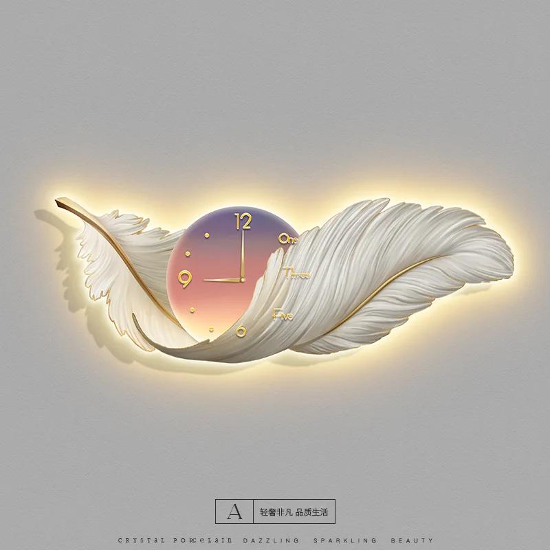 

Легкая роскошная картина для украшения гостиной с перьями и часами на заднем плане дивана, настенная картина для спальни, светодиодная подсветка 100x35cm