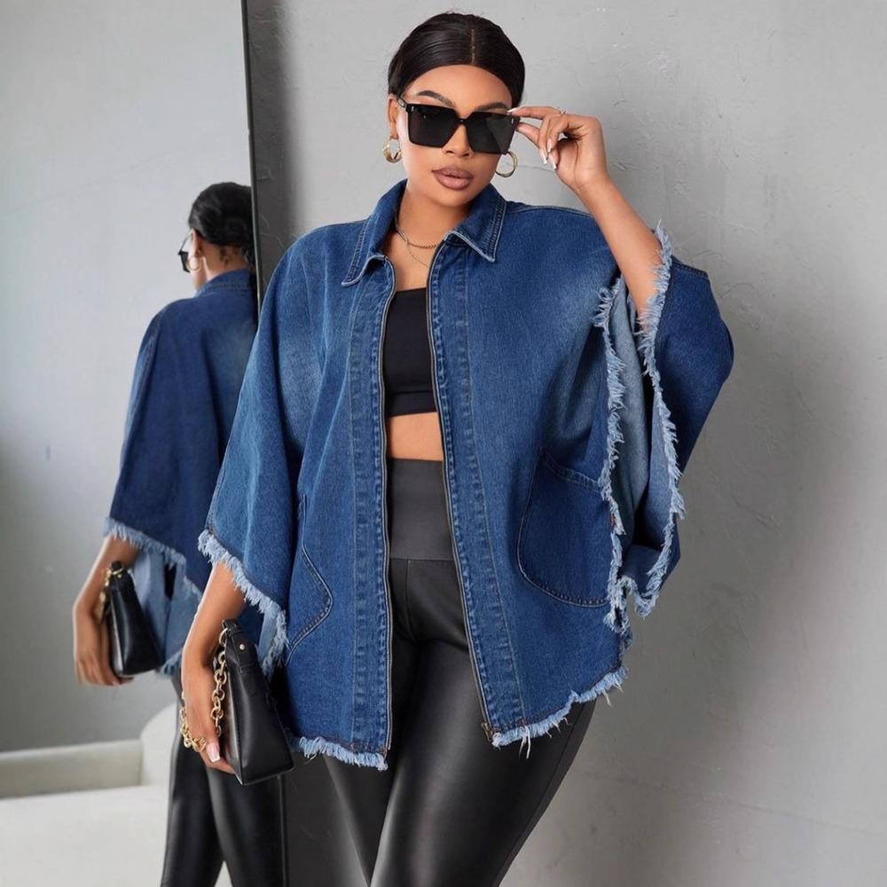 European Beautiful Women's Denim Jacket Autumn and Winter Women's Fashion Loose Lapel Bat Sleeve Jacket Jacket
