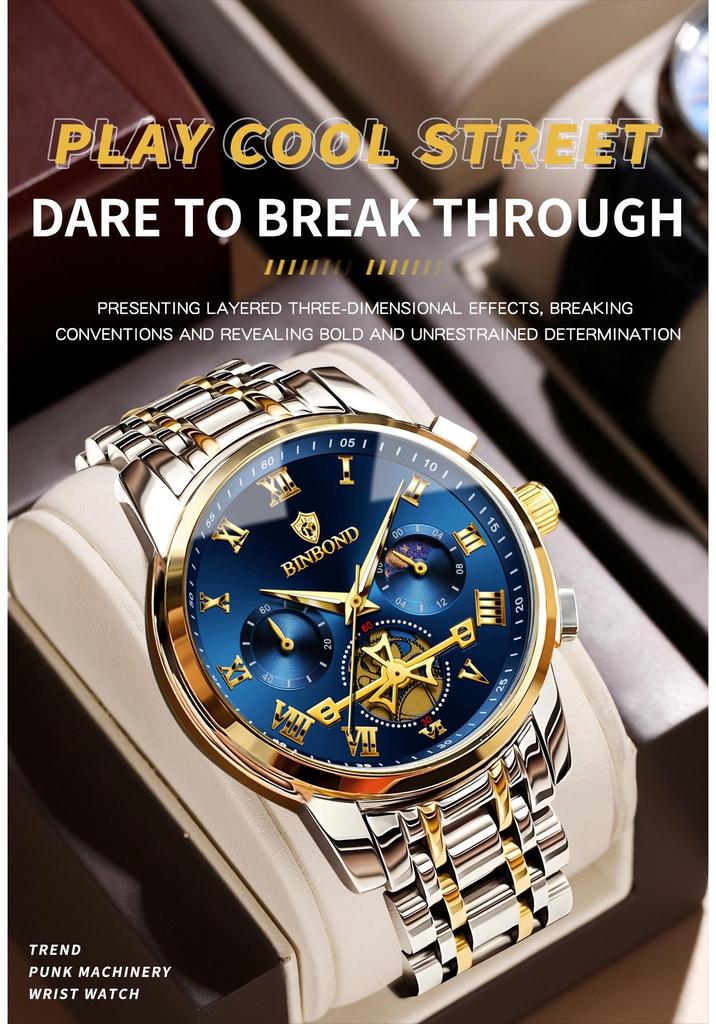 Binbang Luminous Skeleton Waterproof Quartz Men's Watch