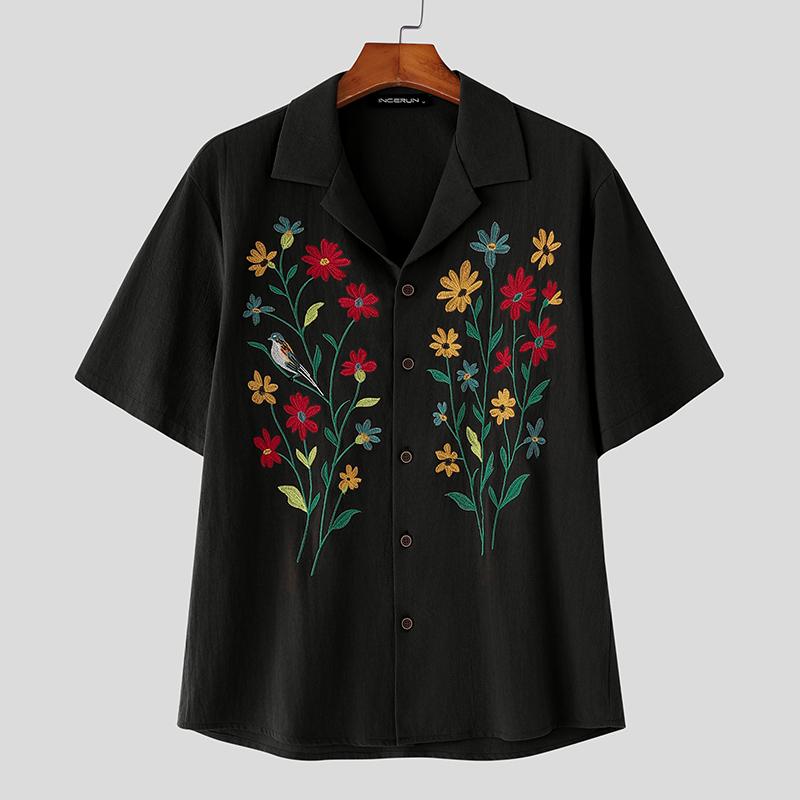 

INCERUN Винтажные мужские рубашки с вышивкой, повседневные свободные хлопковые топы на пуговицах
