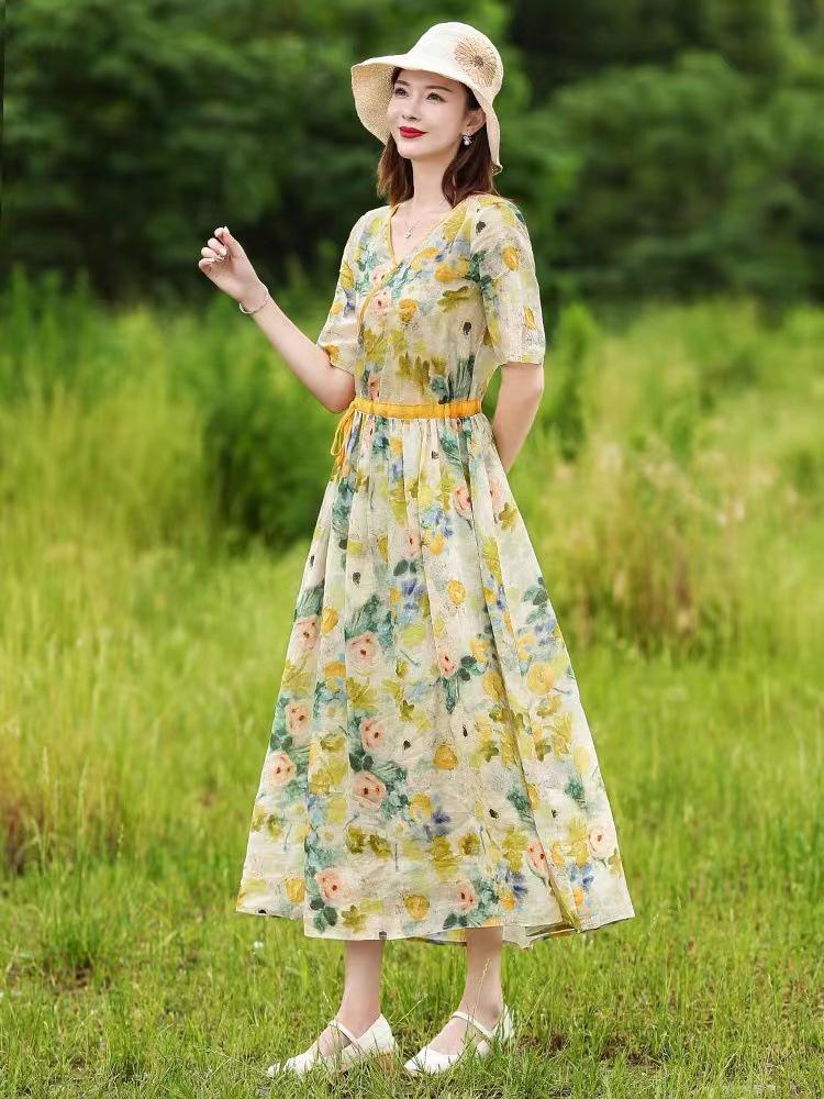 2026 Floral Summer Dress: Beach Style, Short Sleeve, Loose Fit, Cinched Waist, Plus Size.