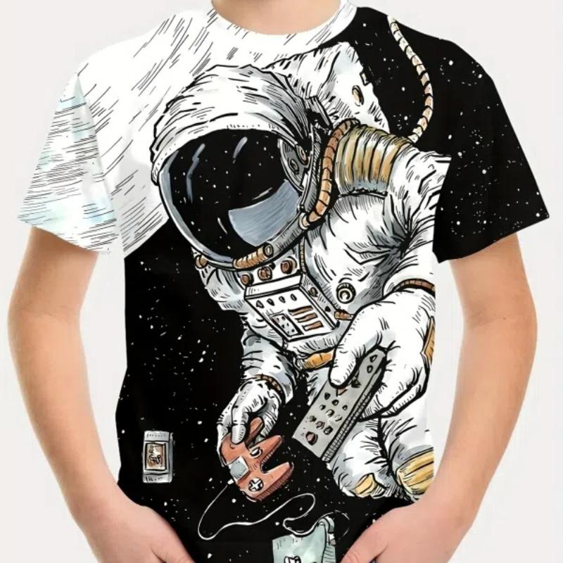 

Креативная футболка с принтом астронавта для мальчиков, повседневный легкий и удобный топ с короткими рукавами, летняя детская выходная одежда 140