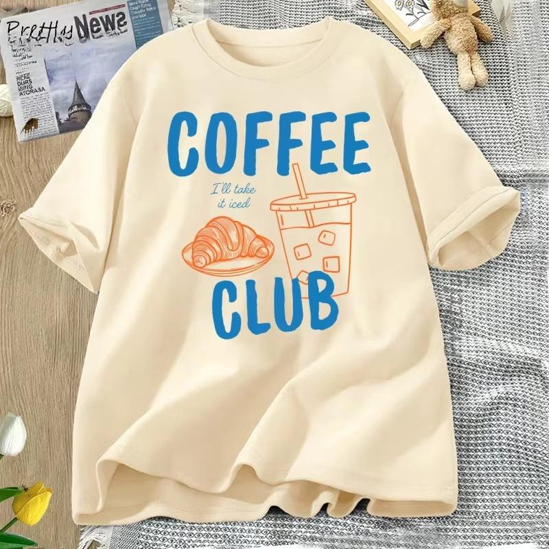New Spring Womens Casual Round Neck Short Sleeve Coffee English Print TShirt Minimalist Design Versatile Daily Wear