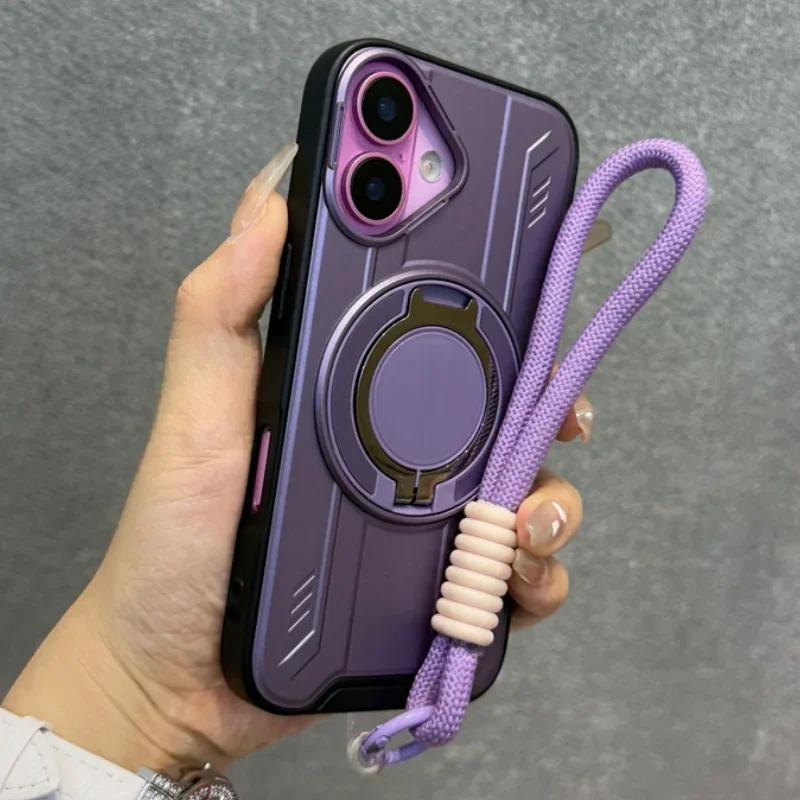 New Armor For Magsafe Magnetic Ring Stand Phone Case For iPhone 16 15 14 13 12 11 Pro Max With Wrist Strap Cord Shockproof Cover