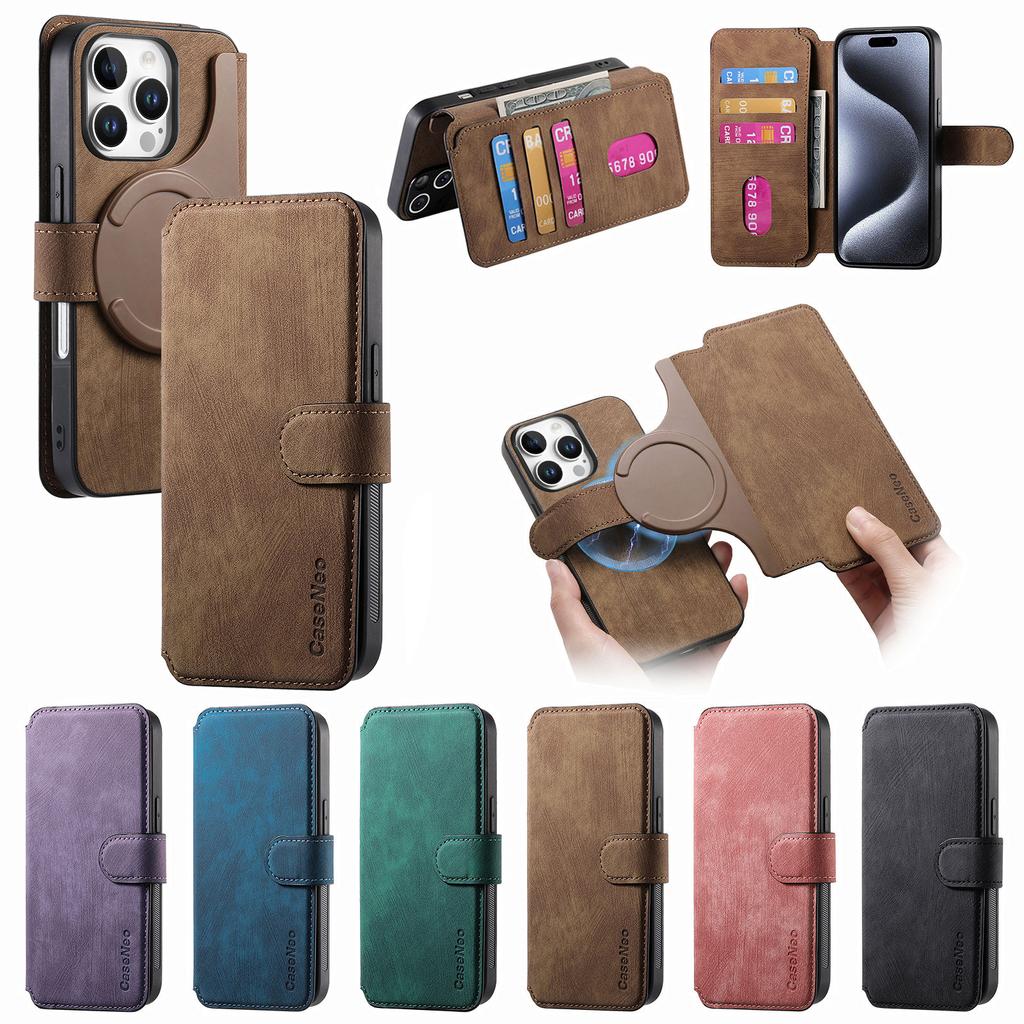 Flip Leather Wallet Case for IPhone 17 Air 16 15 Pro Max 14 Plus 13 12 16E for Magsafe Detachable Card Slot Holder Cover LMW-03
